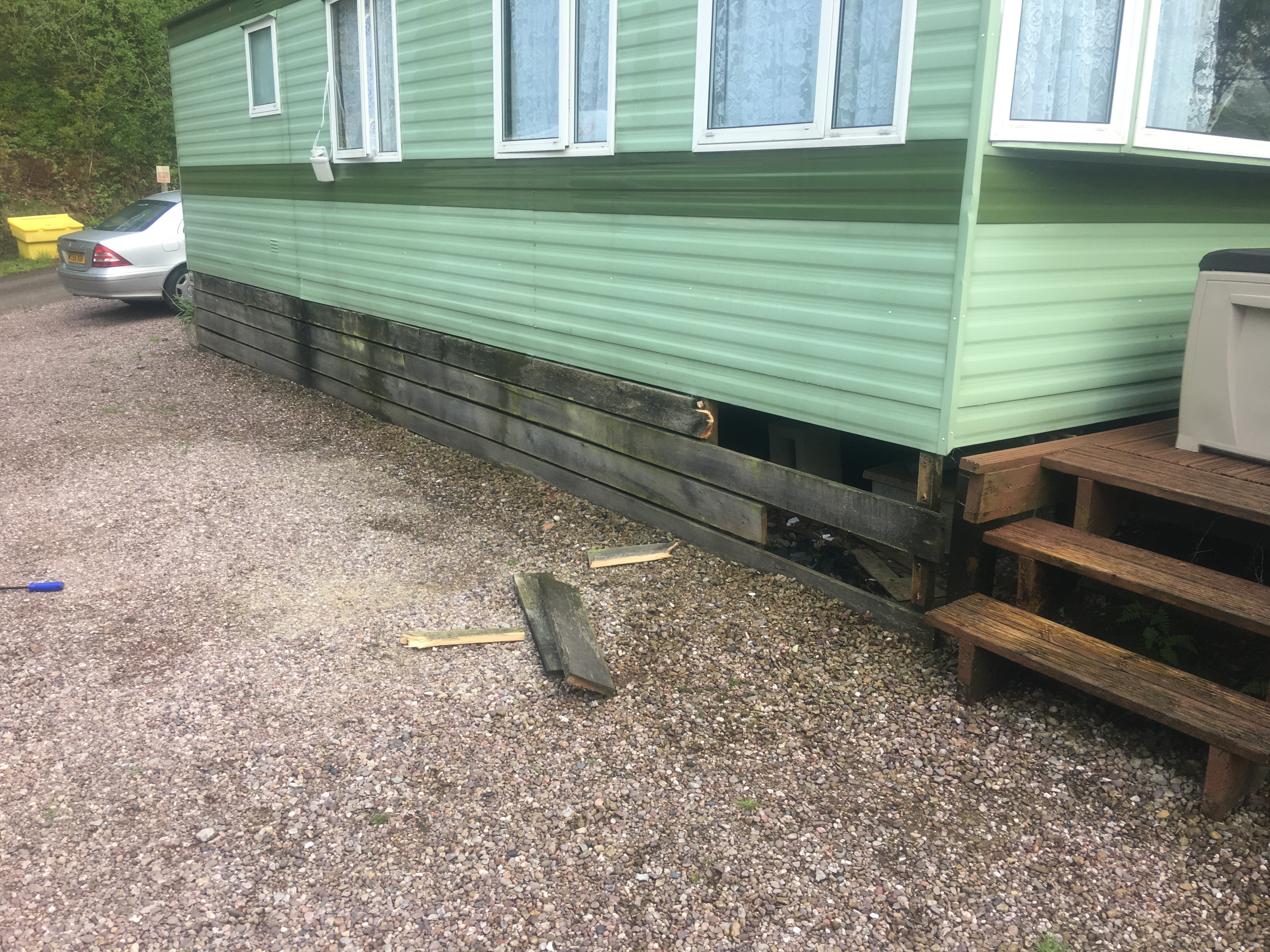 Before picture of a caravan skirting installation In Chester